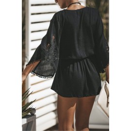 Black Crochet Lace V Neck Bell Sleeves Romper