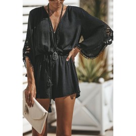 Black Crochet Lace V Neck Bell Sleeves Romper