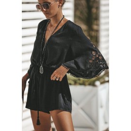 Black Crochet Lace V Neck Bell Sleeves Romper