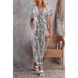 Gray Printed V Neck Relaxed Jumpsuit