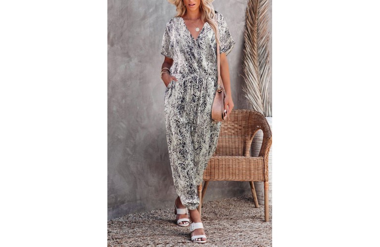 Gray Printed V Neck Relaxed Jumpsuit