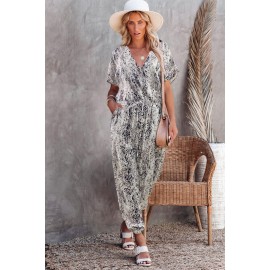 Gray Printed V Neck Relaxed Jumpsuit