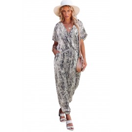 Gray Printed V Neck Relaxed Jumpsuit