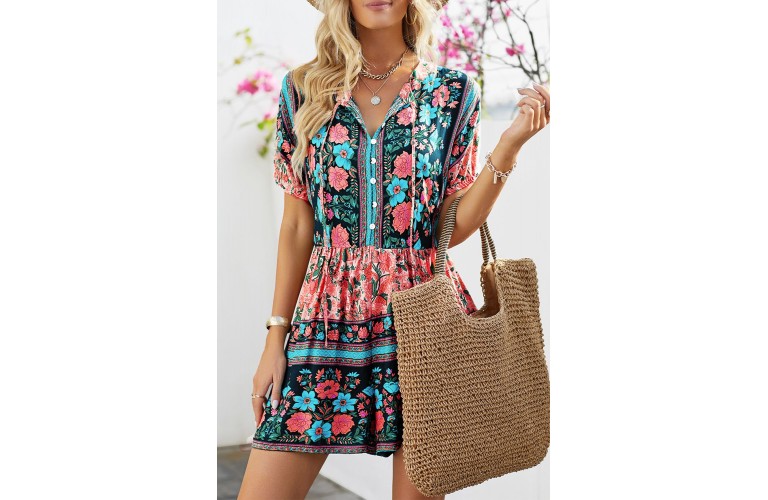 Multicolor Spring Floral Buttons Short Sleeve Romper