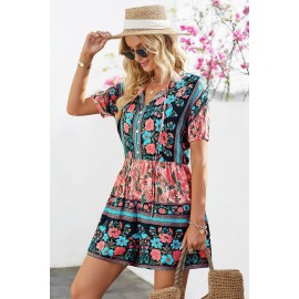 Multicolor Spring Floral Buttons Short Sleeve Romper