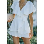 White Flounce Open Back Lace-up Wrap V Neck Romper