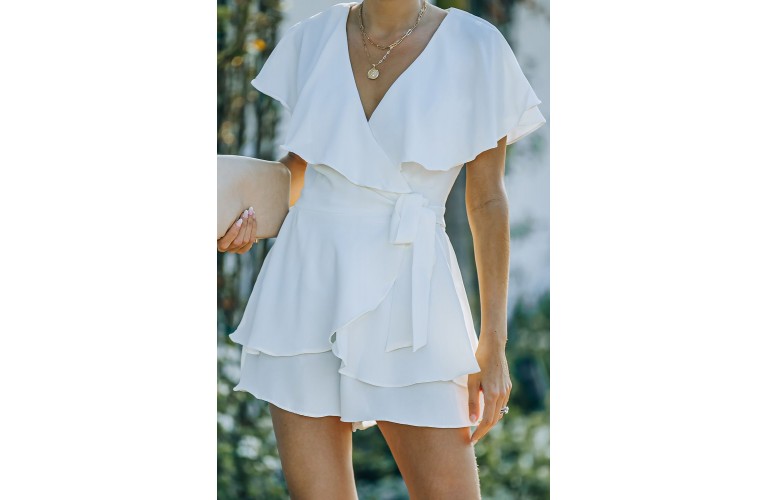 White Flounce Open Back Lace-up Wrap V Neck Romper