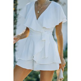 White Flounce Open Back Lace-up Wrap V Neck Romper