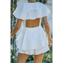 White Flounce Open Back Lace-up Wrap V Neck Romper