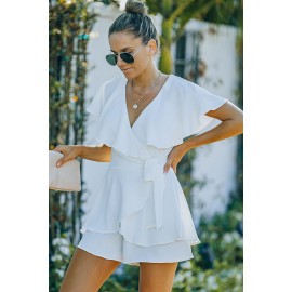 White Flounce Open Back Lace-up Wrap V Neck Romper