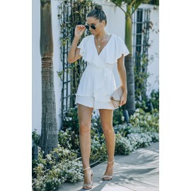 White Flounce Open Back Lace-up Wrap V Neck Romper