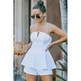 White Zip-up Split Strapless Peplum Romper