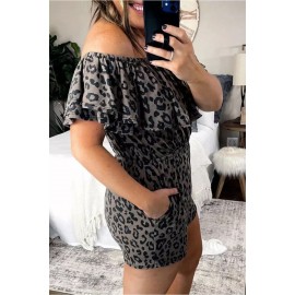 Leopard Off-Shoulder Romper with Pockets