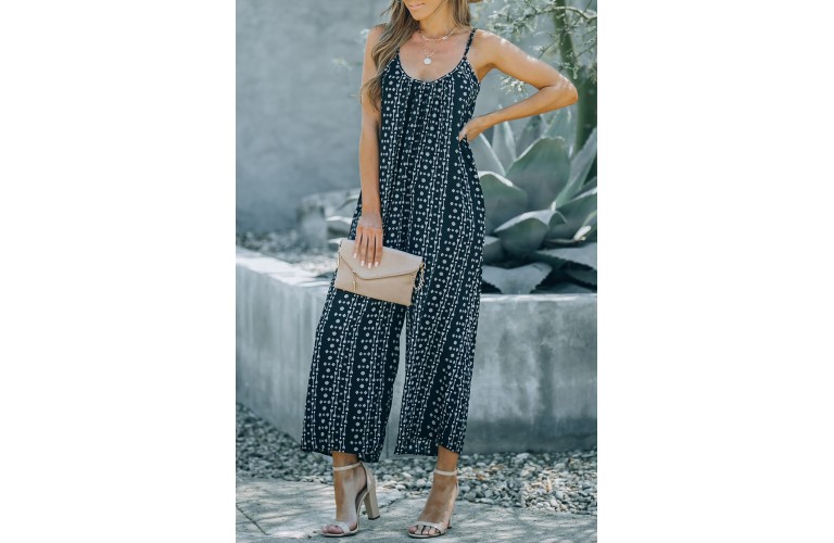 Black Printed Adjustable Wide-leg Jumpsuit