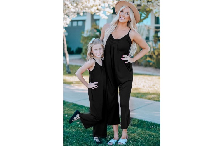 Black Spaghetti Straps Wide Leg Pocketed Jumpsuits