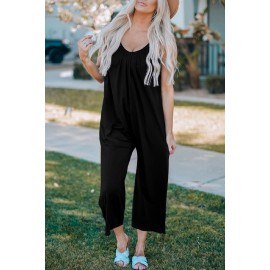 Black Spaghetti Straps Wide Leg Pocketed Jumpsuits