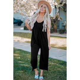 Black Spaghetti Straps Wide Leg Pocketed Jumpsuits