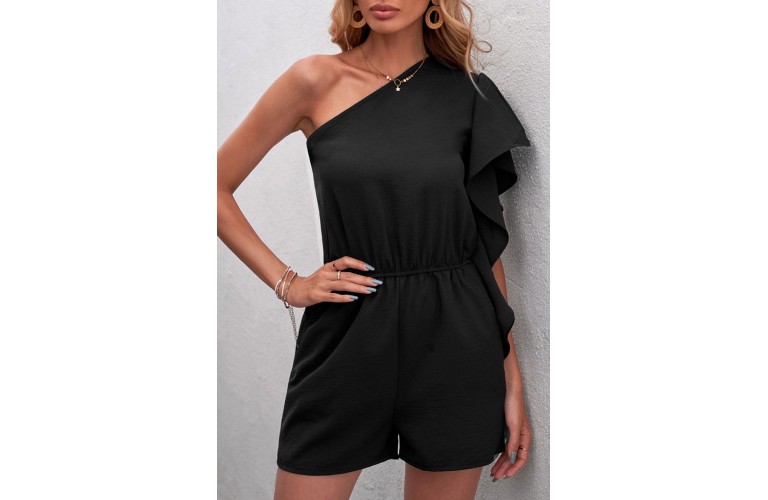 Black One-shoulder Romper with Pockets