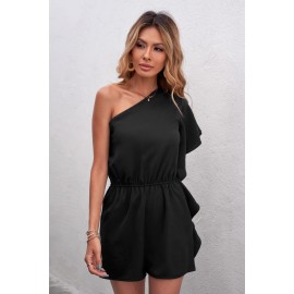 Black One-shoulder Romper with Pockets