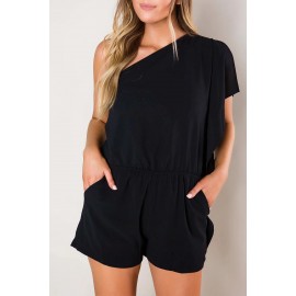 Black One-shoulder Romper with Pockets