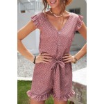 Dotted Print V Neck Romper with Waist Tie