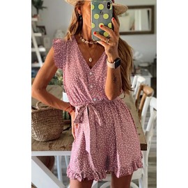 Dotted Print V Neck Romper with Waist Tie