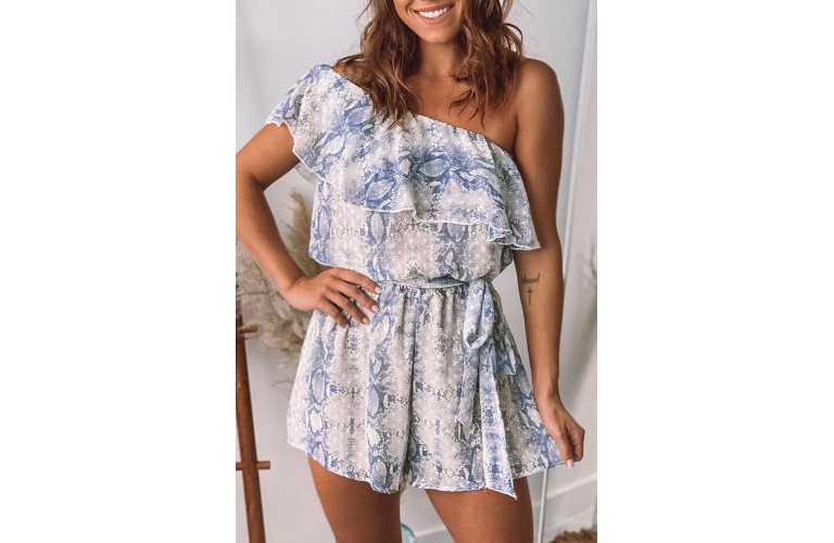 Sky Blue Snake Print One Shoulder Romper