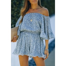 Blue Off Shoulder Bell Sleeves Floral Romper 