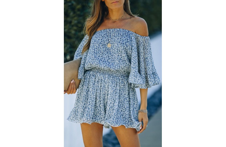 Blue Off Shoulder Bell Sleeves Floral Romper 