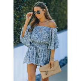 Blue Off Shoulder Bell Sleeves Floral Romper 