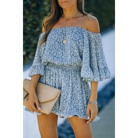 Blue Off Shoulder Bell Sleeves Floral Romper 