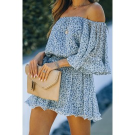 Blue Off Shoulder Bell Sleeves Floral Romper 