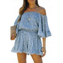 Blue Off Shoulder Bell Sleeves Floral Romper 