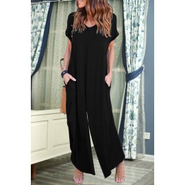 Black Solid Color Short Sleeve Wide Leg Jumpsuit with Pocket