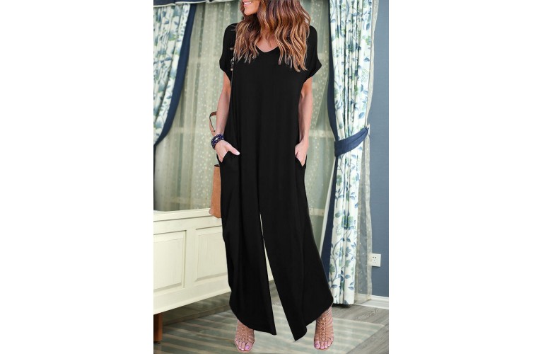 Black Solid Color Short Sleeve Wide Leg Jumpsuit with Pocket