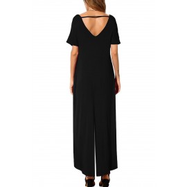 Black Solid Color Short Sleeve Wide Leg Jumpsuit with Pocket