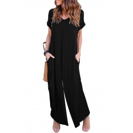 Black Solid Color Short Sleeve Wide Leg Jumpsuit with Pocket