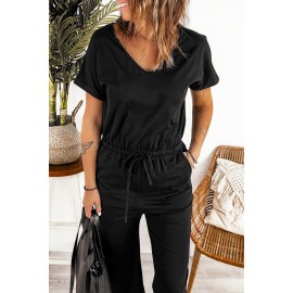 Black V Neck Short Sleeve Jumpsuit