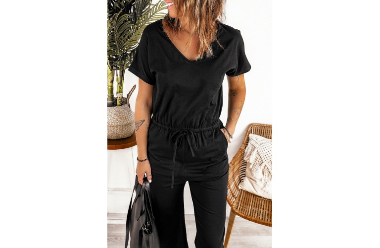 Black V Neck Short Sleeve Jumpsuit