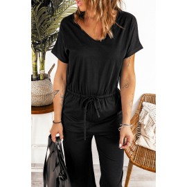 Black V Neck Short Sleeve Jumpsuit