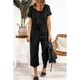 Black V Neck Short Sleeve Jumpsuit