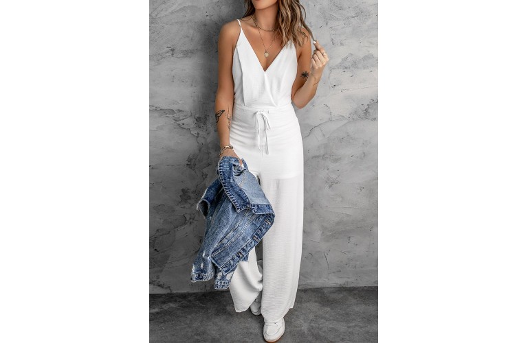 Solid Spaghetti Strap Wide Leg Drawstring High Waist Jumpsuit