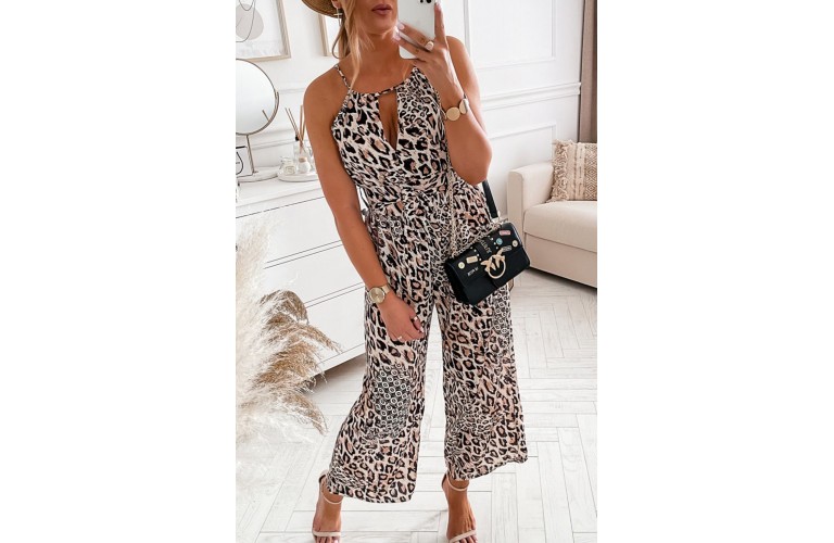 Brown Keyhole Front Leopard Sleeveless Cropped Jumpsuit