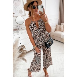 Brown Keyhole Front Leopard Sleeveless Cropped Jumpsuit