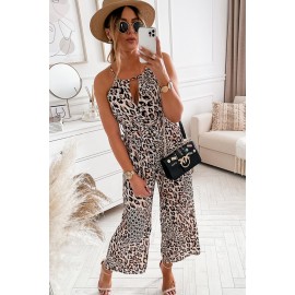 Brown Keyhole Front Leopard Sleeveless Cropped Jumpsuit