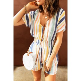 Striped Print V-neck Button Romper