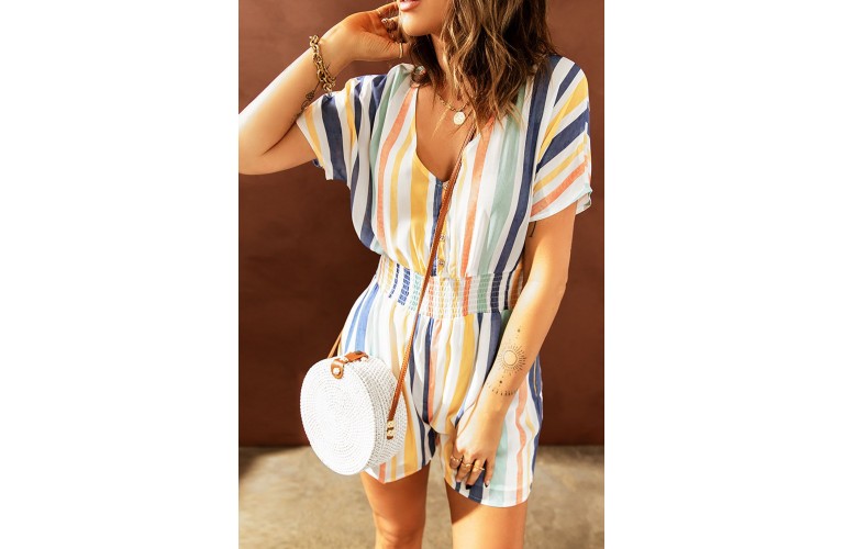 Striped Print V-neck Button Romper