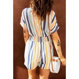 Striped Print V-neck Button Romper