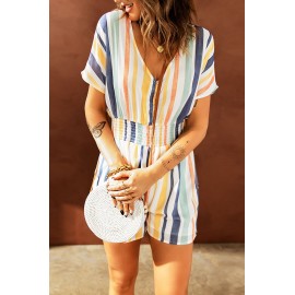 Striped Print V-neck Button Romper