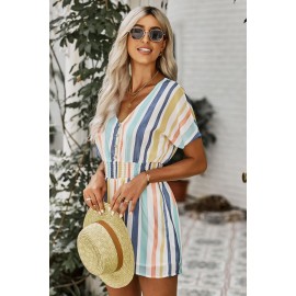 Striped Print V-neck Button Romper